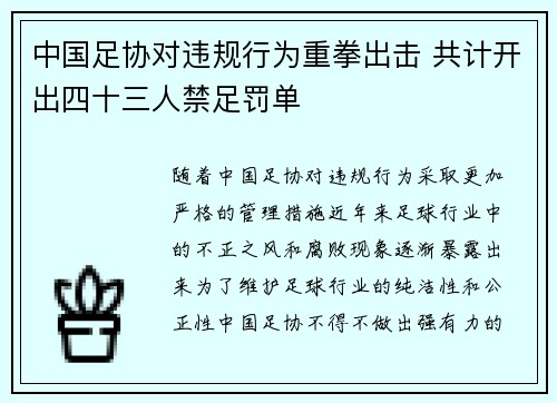 中国足协对违规行为重拳出击 共计开出四十三人禁足罚单